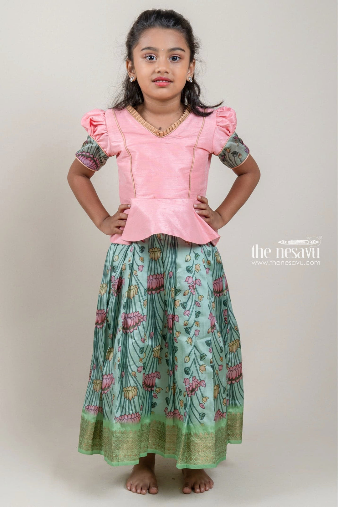 The Nesavu Pattu Pavadai Premium Green Silk Pattu Pavadai with Salmon Pink Floral Cuffs and Banarasi Border for Girls Nesavu 16 (1Y) / Green / Small Border GPP272B-16 Green Silk Pattu Pavadai with Salmon Pink Floral Cuffs and Banarasi Border for Girls | The Nesavu