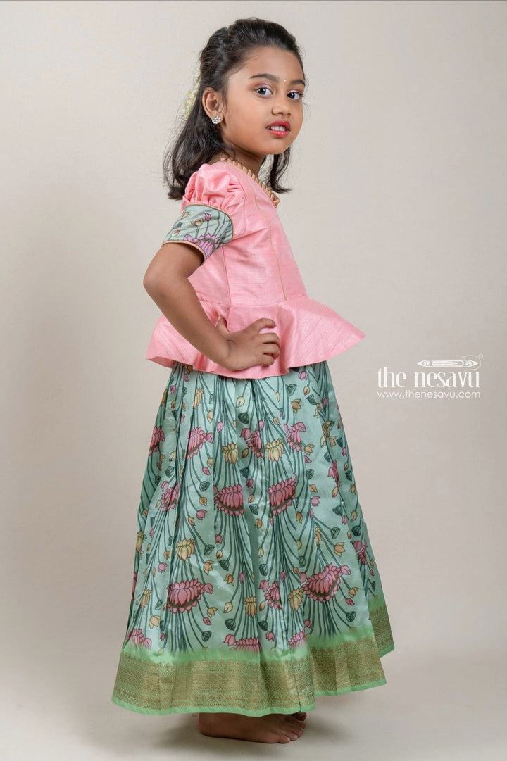 The Nesavu Pattu Pavadai Premium Green Silk Pattu Pavadai with Salmon Pink Floral Cuffs and Banarasi Border for Girls Nesavu Green Silk Pattu Pavadai with Salmon Pink Floral Cuffs and Banarasi Border for Girls | The Nesavu