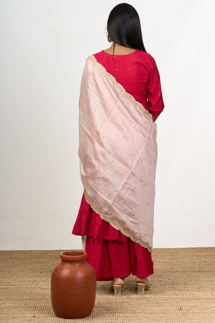 The Nesavu Womens Straight Suit Sets Premium Kurta Sets in Blend Silk with Red Elegance and Delicate Embroidery for Women Nesavu Premium Red Blend Silk Kurta Sets Embroidered Detailing Palazzo Women | The Nesavu