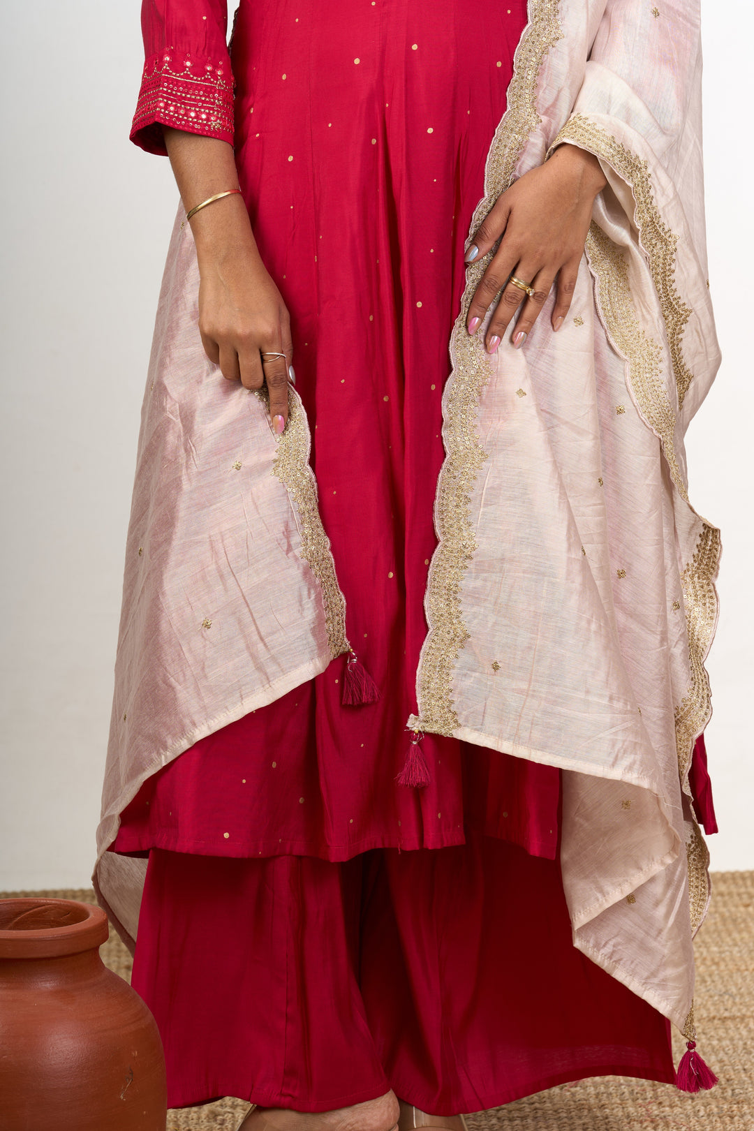 The Nesavu Womens Straight Suit Sets Premium Kurta Sets in Blend Silk with Red Elegance and Delicate Embroidery for Women Nesavu Premium Red Blend Silk Kurta Sets Embroidered Detailing Palazzo Women | The Nesavu