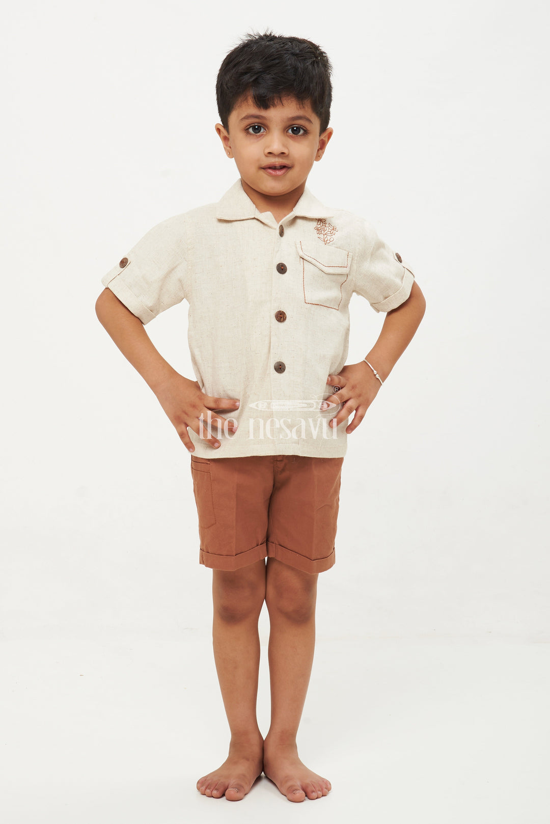 The Nesavu Boys Casual Set Premium Linen Cotton Blend Jacket Style Boys' Shirt and Shorts Set - Brown Nesavu 16 (1Y) / Brown BCS069A-16 Boys' Premium Linen Cotton Jacket Style Shirt and Shorts Set - Brown