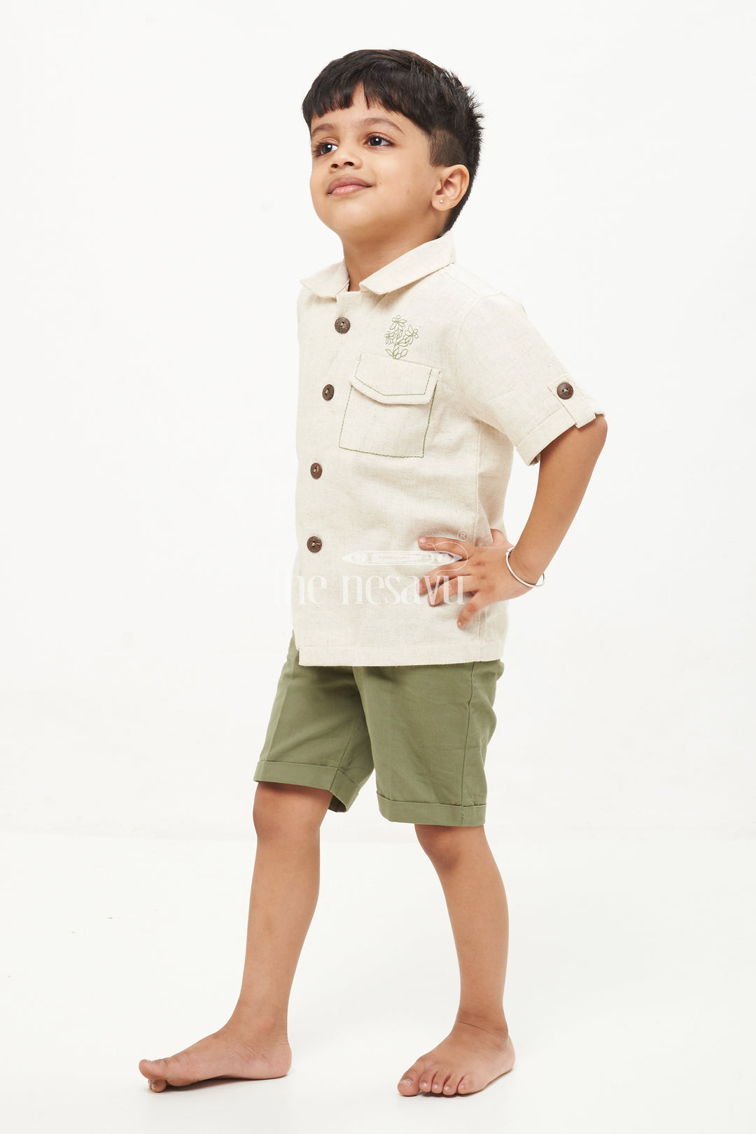 The Nesavu Boys Casual Set Premium Linen Cotton Blend Jacket Style Boys' Shirt and Shorts Set - Green Nesavu Boys' Premium Linen Cotton Jacket Style Shirt and Shorts Set - Green