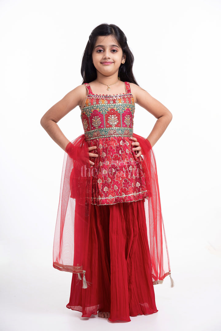 The Nesavu Girls Sharara / Plazo Set Premium Pure Viscose Silk Sharara Set with Jacquard Blouse for Girls Nesavu 16 (1Y) / Red GPS335A-16 Premium Viscose Silk Sharara Set with Jacquard Blouse for Girls - Festive Wear