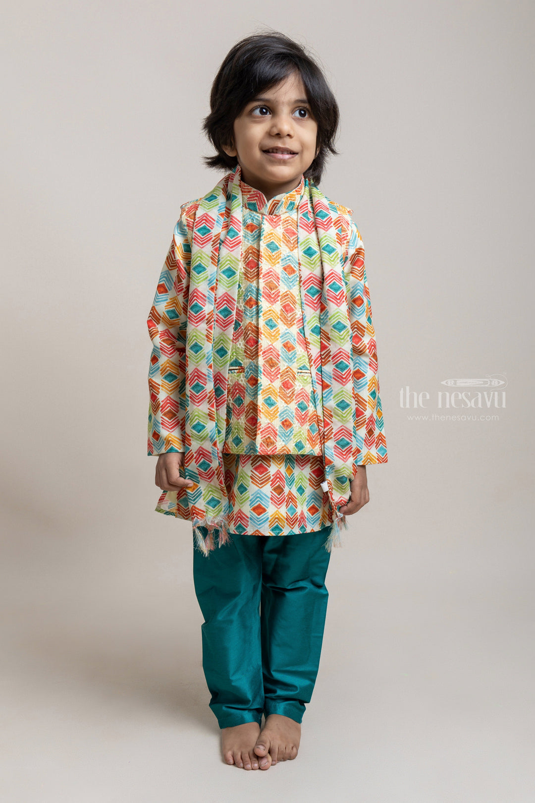 The Nesavu Boys Jacket Sets Pretty Green Abstract Printed Boys Kurta With Over coat And Dupatta Set Nesavu Ethnic Boys Kurta Set | New Collection | The Nesavu