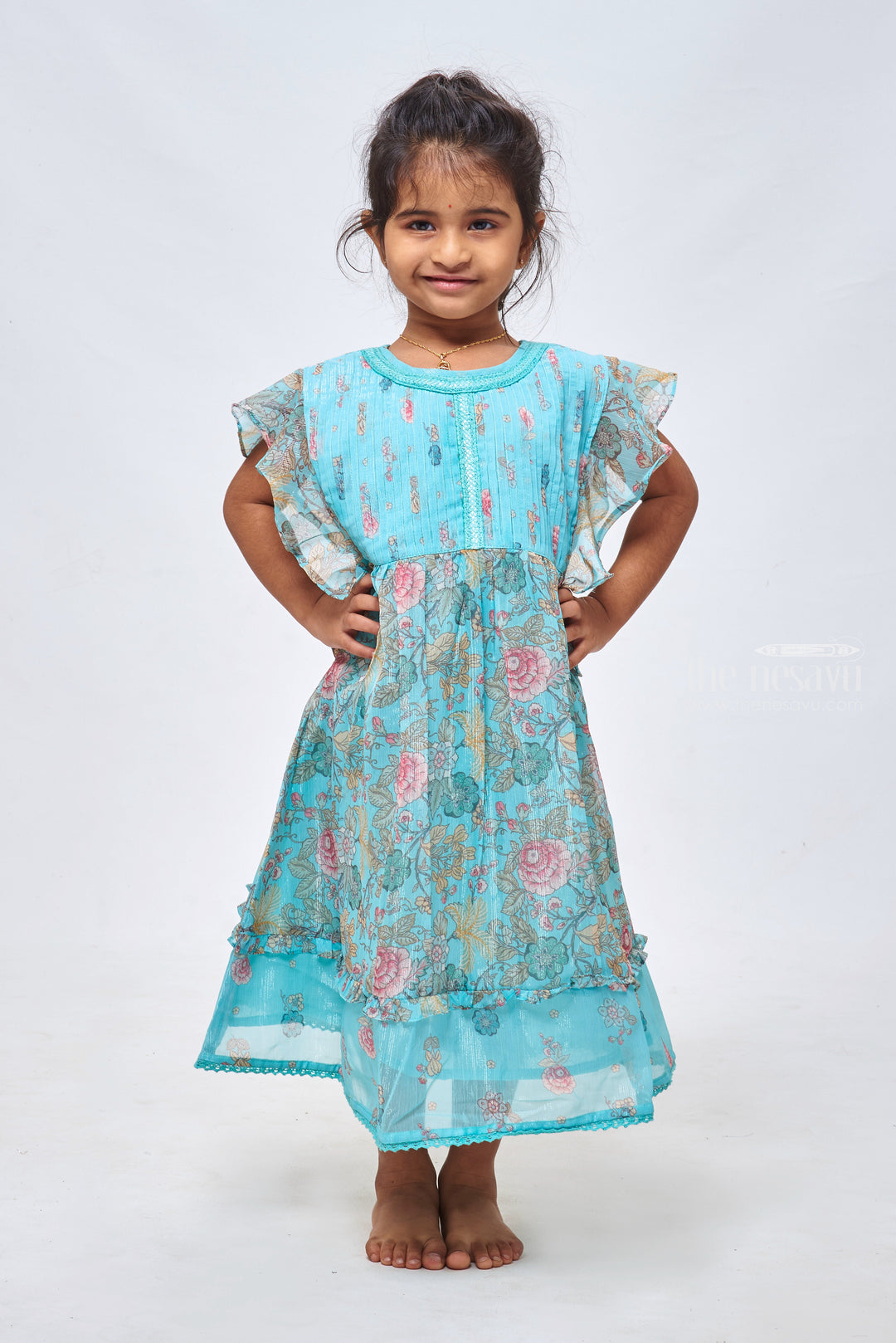 The Nesavu Girls Cotton Frock Pretty in Blue: Girls Flared Floral Cotton Frock Nesavu 22 (4Y) / Blue / Cotton GFC1148A-22 Beautiful Cotton Frocks for Children | Trendy Designs for Every Occasion | The Nesavu