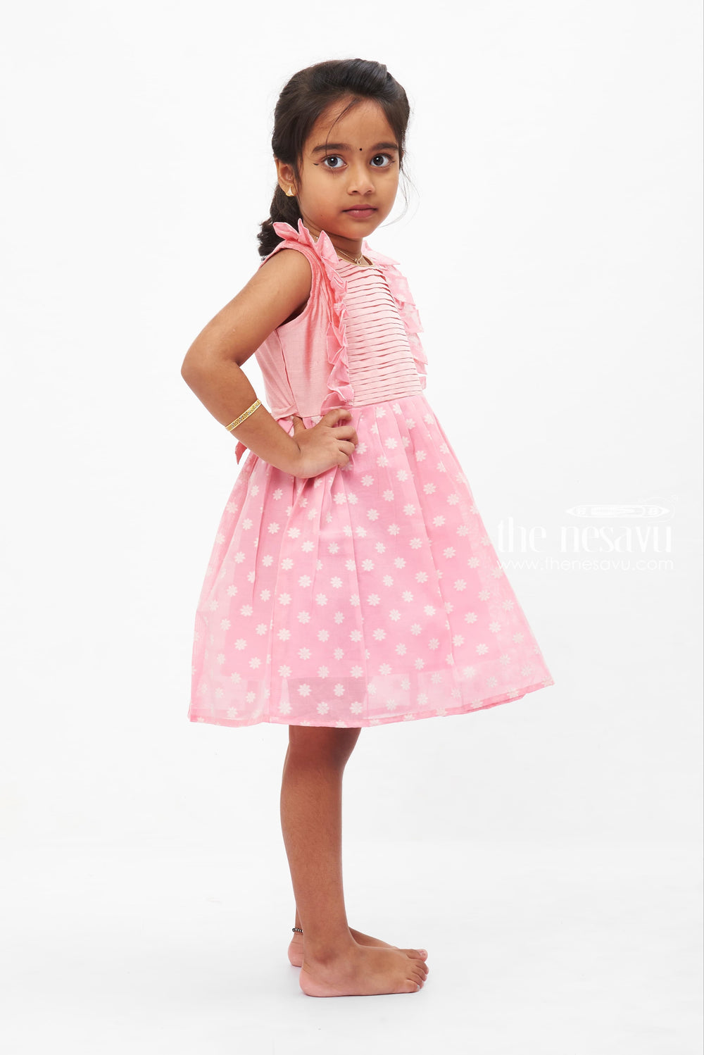 The Nesavu Baby Cotton Frocks Pretty in Pink Floral Accented Pleated Baby Frock for Girls Nesavu Girls Pink Pleated Floral Dress | Delicate Summer Style | The Nesavu