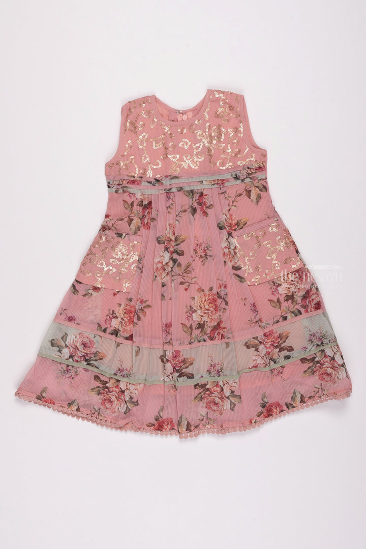 The Nesavu Girls Cotton Frock Pretty in Pink: Sequin Embroidered Floral Printed Pink Cotton Frock for Girls Nesavu 22 (4Y) / Pink / Georgette GFC1157B-22 Cotton Frocks in Diverse Designs for Girls | Comfortable Cotton Frocks for Girls | The Nesavu