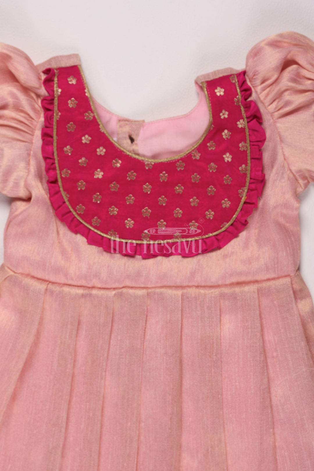 The Nesavu Silk Frock Pretty Pink Birthday Frocks for Girls with Charming Silver Tissue Fabric Nesavu Nesavus Pink Birthday Frocks Girls Silver Tissue Golden Motif Detailing