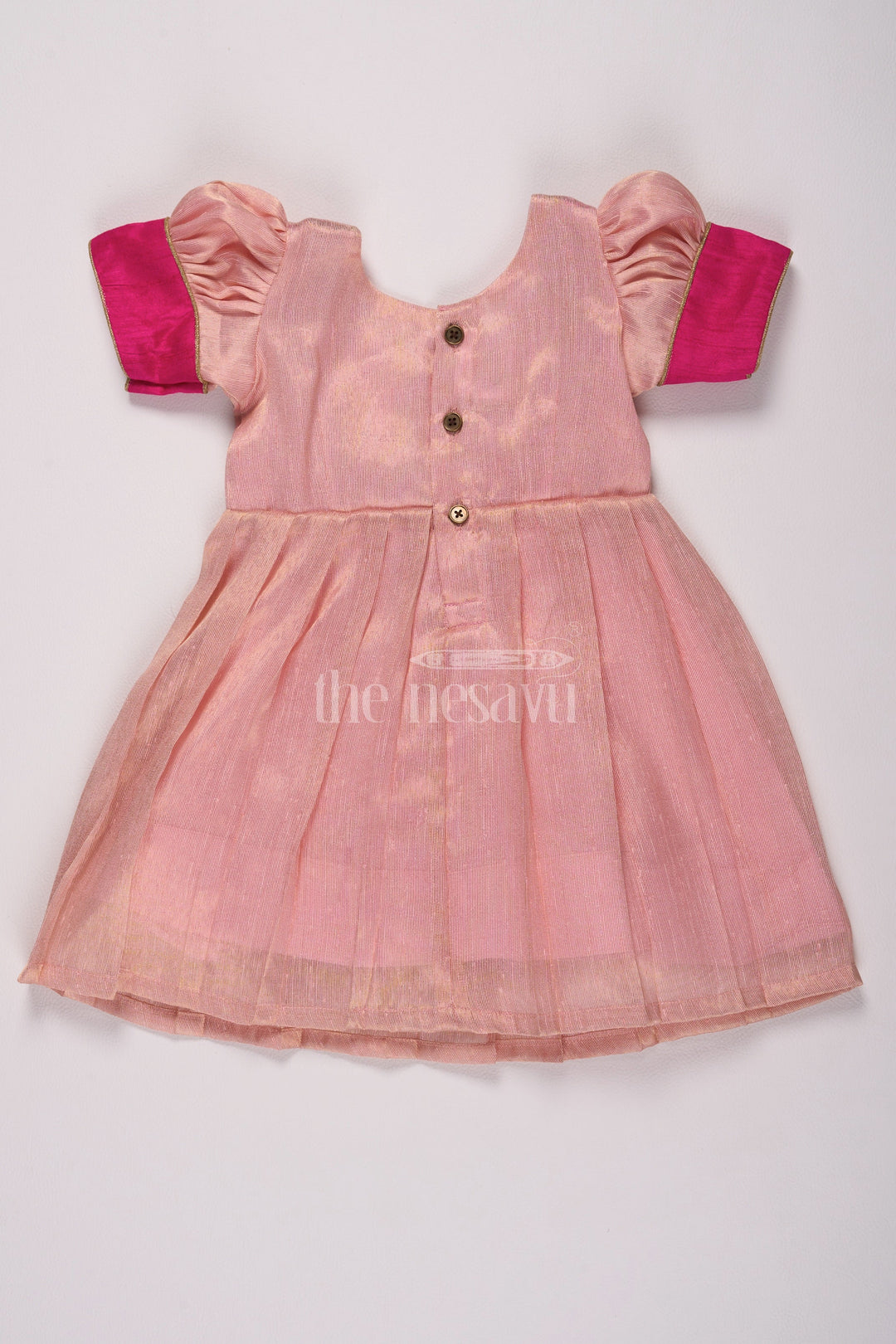 The Nesavu Silk Frock Pretty Pink Birthday Frocks for Girls with Charming Silver Tissue Fabric Nesavu Nesavus Pink Birthday Frocks Girls Silver Tissue Golden Motif Detailing