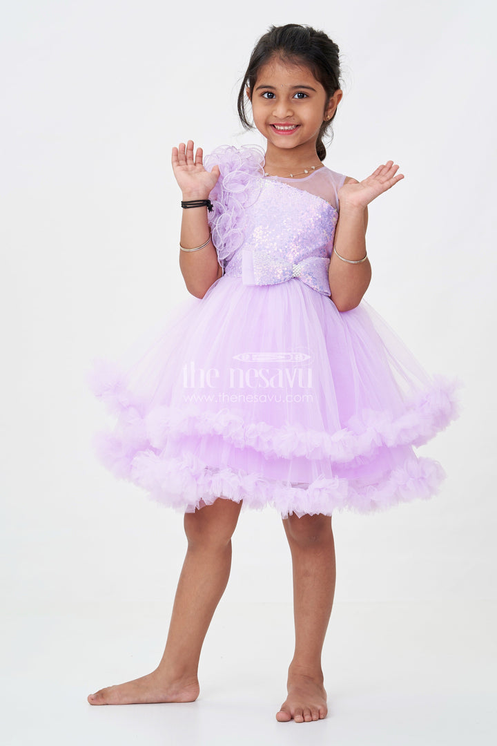 The Nesavu Girls Fancy Party Frock Princess Dress Purple for Girls in Net with Layered Frills and Glitter Bow Accent Nesavu 16 (1Y) / Purple PF218B-16 Princess Dress Purple Girls Net Sequin Bodice Frilly Tulle Skirt | The Nesavu