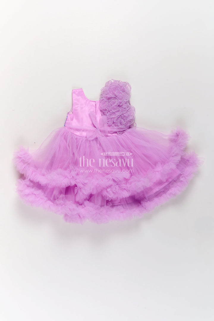 The Nesavu Girls Fancy Party Frock Princess Dress Purple for Girls in Net with Layered Frills and Glitter Bow Accent Nesavu Princess Dress Purple Girls Net Sequin Bodice Frilly Tulle Skirt | The Nesavu