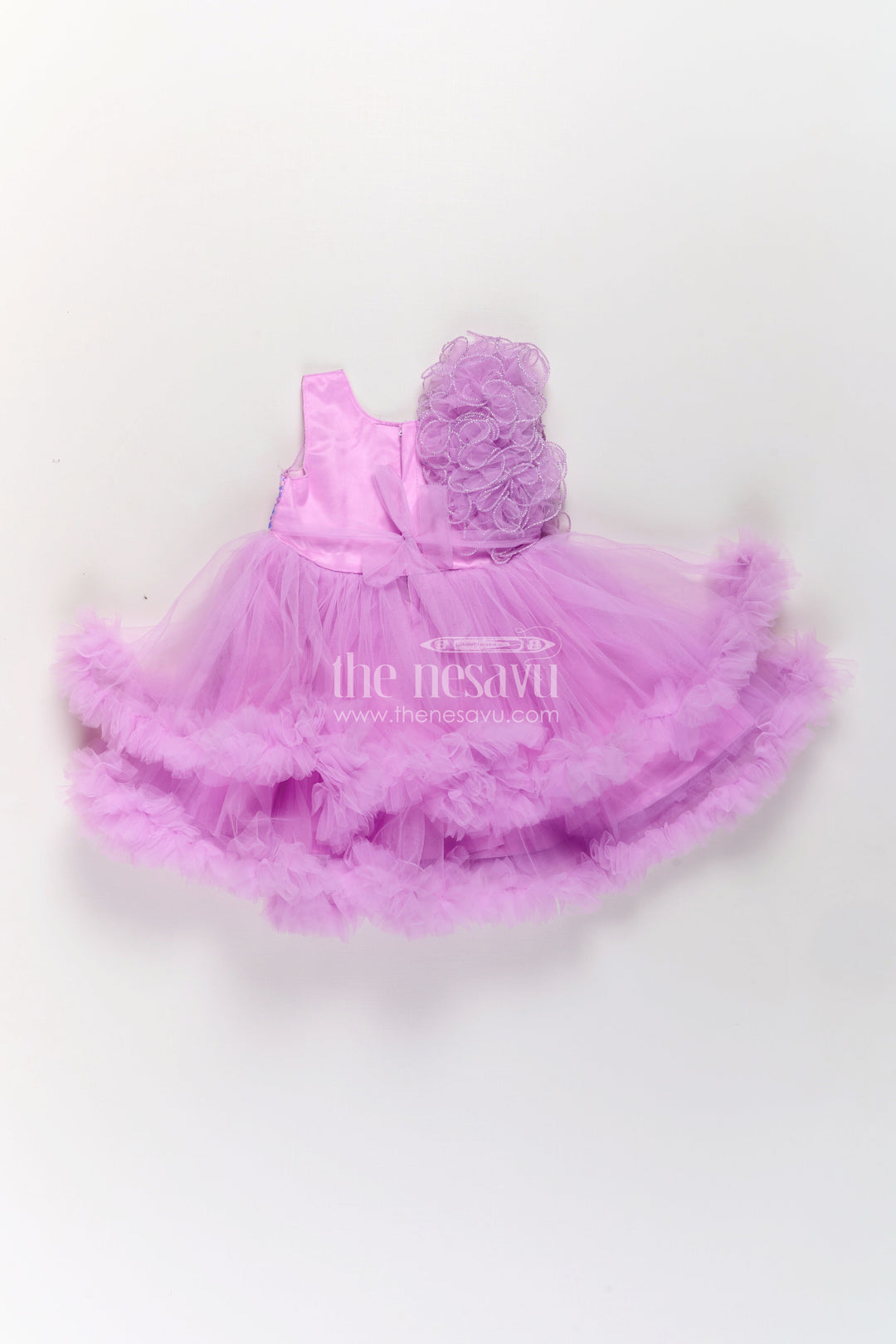 The Nesavu Girls Fancy Party Frock Princess Dress Purple for Girls in Net with Layered Frills and Glitter Bow Accent Nesavu Princess Dress Purple Girls Net Sequin Bodice Frilly Tulle Skirt | The Nesavu