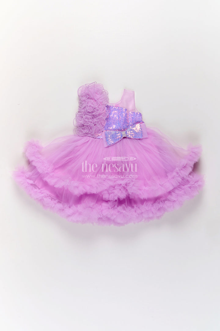 The Nesavu Girls Fancy Party Frock Princess Dress Purple for Girls in Net with Layered Frills and Glitter Bow Accent Nesavu Princess Dress Purple Girls Net Sequin Bodice Frilly Tulle Skirt | The Nesavu