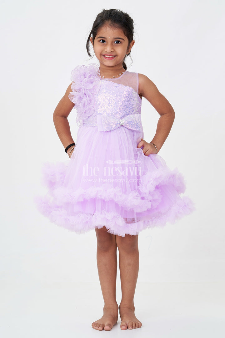 The Nesavu Girls Fancy Party Frock Princess Dress Purple for Girls in Net with Layered Frills and Glitter Bow Accent Nesavu Princess Dress Purple Girls Net Sequin Bodice Frilly Tulle Skirt | The Nesavu
