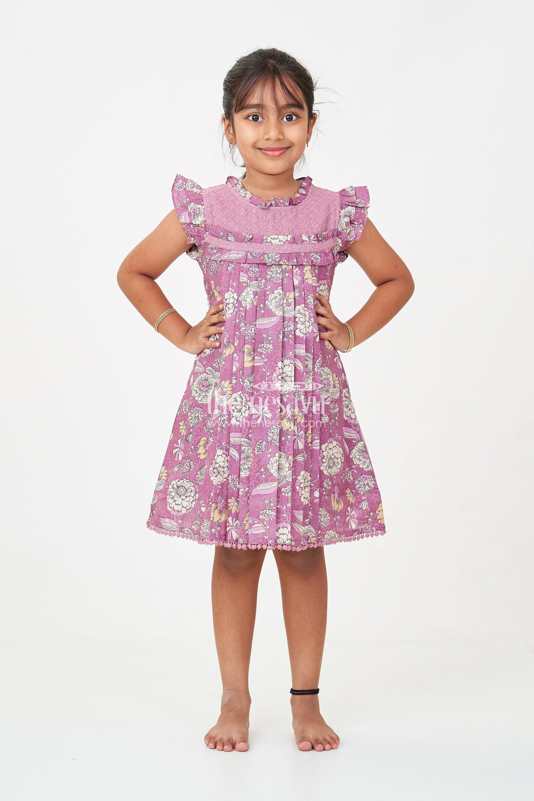 The Nesavu Girls Cotton Frock Princess Short Frock in Mauve Floral Cotton with Ruffled Sleeves and Pleated Detailing Nesavu 22 (4Y) / Purple GFC1727B-22 Princess Short Frock Girls Mauve Floral Cotton Pleats Frilled Sleeves | The Nesavu