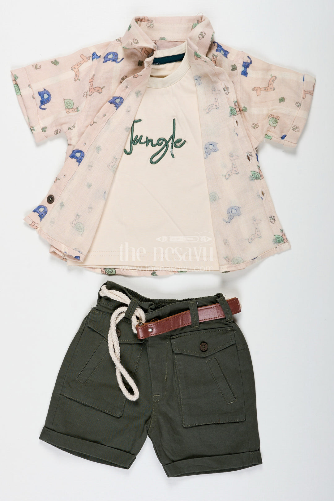 The Nesavu Boys Casual Set Print Shirt Set for Boys in Jungle-Themed Muslin Cotton with Graphic Tank Top and Olive Shorts Nesavu 16 (1Y) / Green BCS232A-16 Print Shirt Boys Set with Jungle Graphic Tank Top Muslin Cotton Shirt and Olive Shorts | The Nesavu