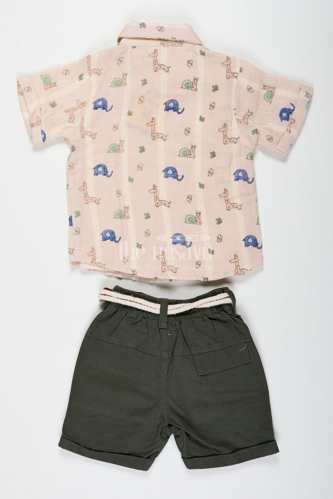 The Nesavu Boys Casual Set Print Shirt Set for Boys in Jungle-Themed Muslin Cotton with Graphic Tank Top and Olive Shorts Nesavu Print Shirt Boys Set with Jungle Graphic Tank Top Muslin Cotton Shirt and Olive Shorts | The Nesavu
