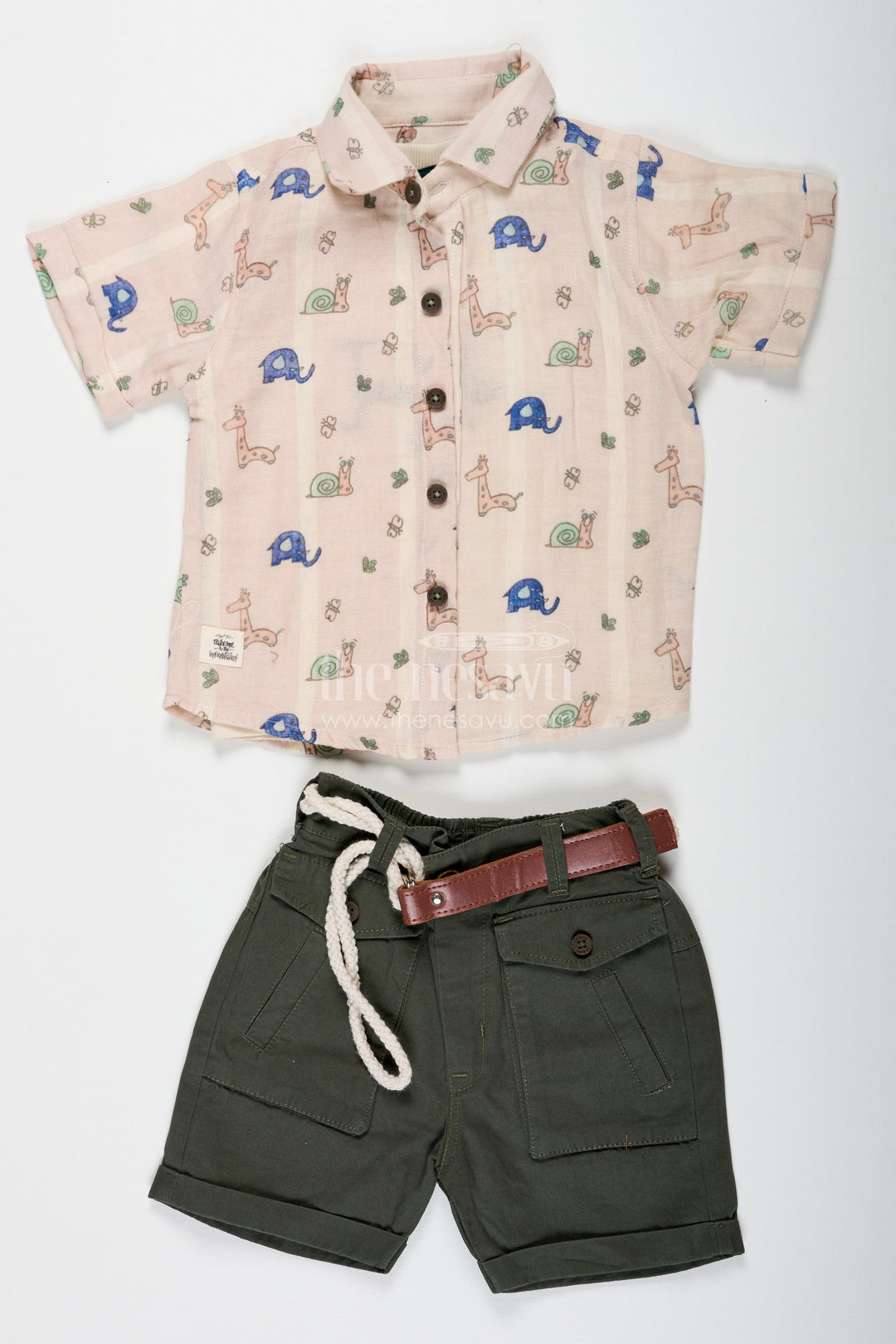 The Nesavu Boys Casual Set Print Shirt Set for Boys in Jungle-Themed Muslin Cotton with Graphic Tank Top and Olive Shorts Nesavu Print Shirt Boys Set with Jungle Graphic Tank Top Muslin Cotton Shirt and Olive Shorts | The Nesavu
