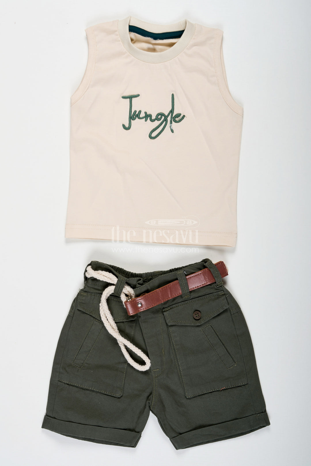 The Nesavu Boys Casual Set Print Shirt Set for Boys in Jungle-Themed Muslin Cotton with Graphic Tank Top and Olive Shorts Nesavu Print Shirt Boys Set with Jungle Graphic Tank Top Muslin Cotton Shirt and Olive Shorts | The Nesavu