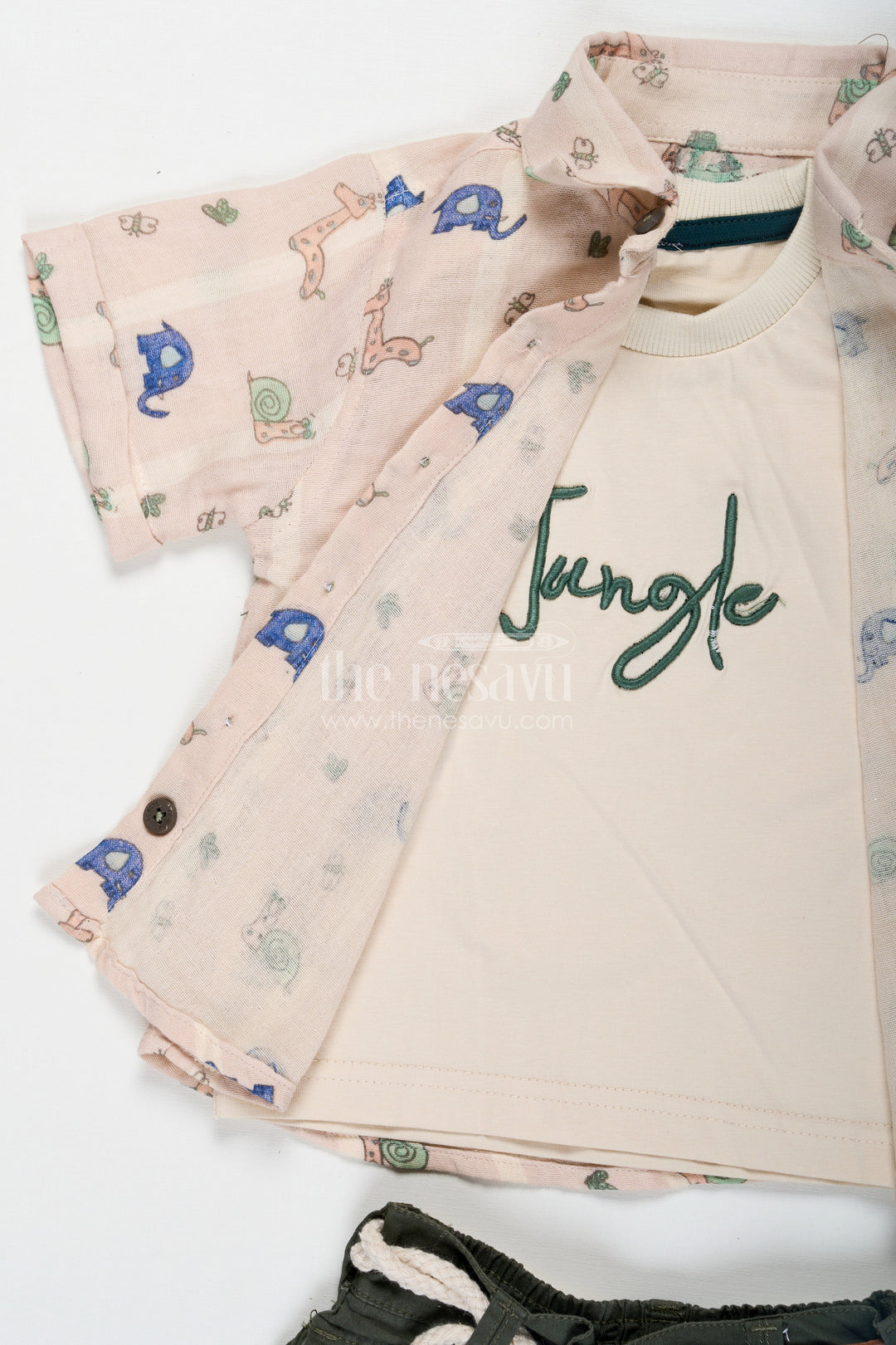 The Nesavu Boys Casual Set Print Shirt Set for Boys in Jungle-Themed Muslin Cotton with Graphic Tank Top and Olive Shorts Nesavu Print Shirt Boys Set with Jungle Graphic Tank Top Muslin Cotton Shirt and Olive Shorts | The Nesavu