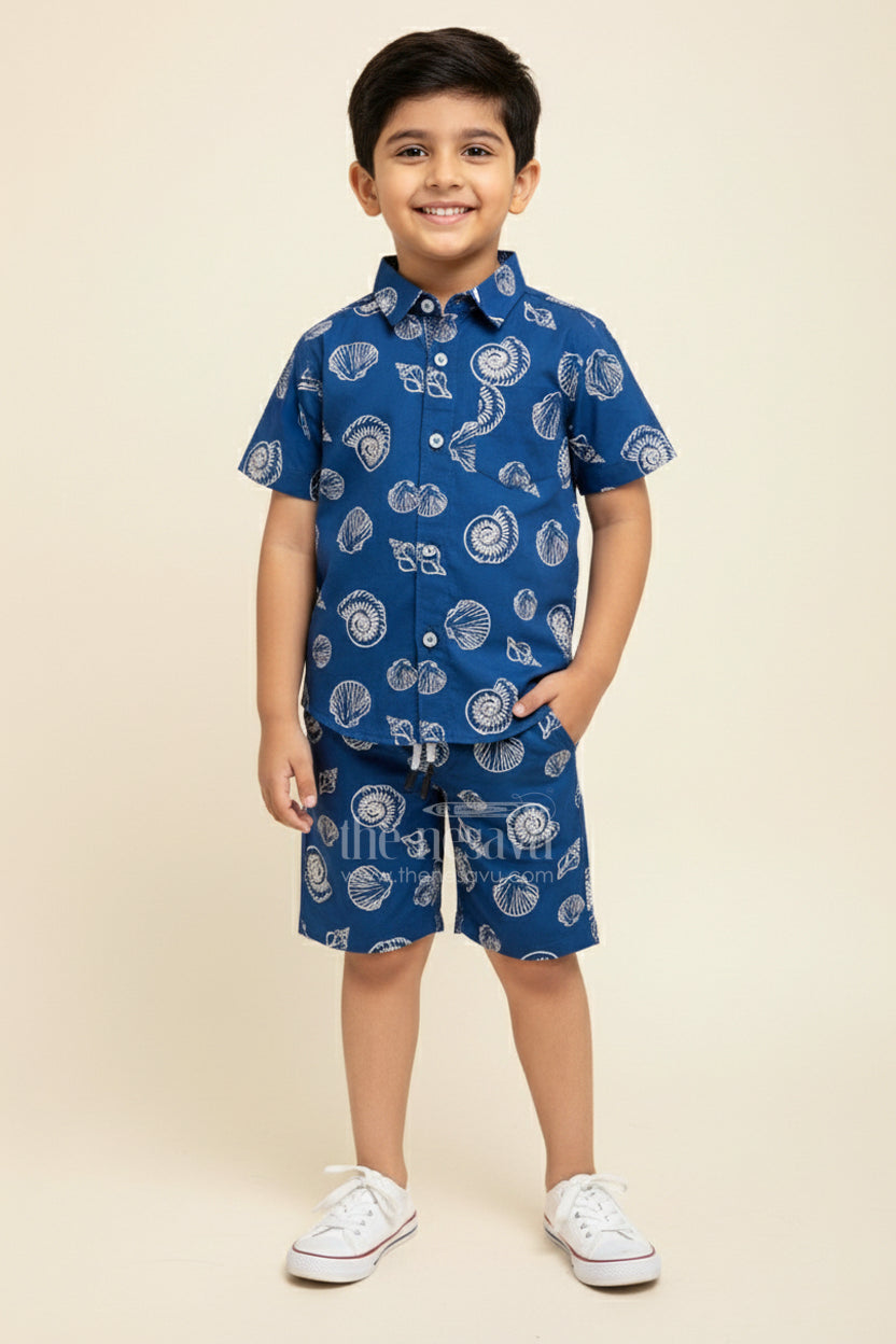 The Nesavu Boys Casual Set Printed Cotton Dress Set for Baby Boys with Shorts Nesavu 14 (6M) / Blue BCS346A-14 Nesavu Baby Boy Soft Cotton Printed Set Blue Coordinated Shirt Shorts Stylish Everyday Wear