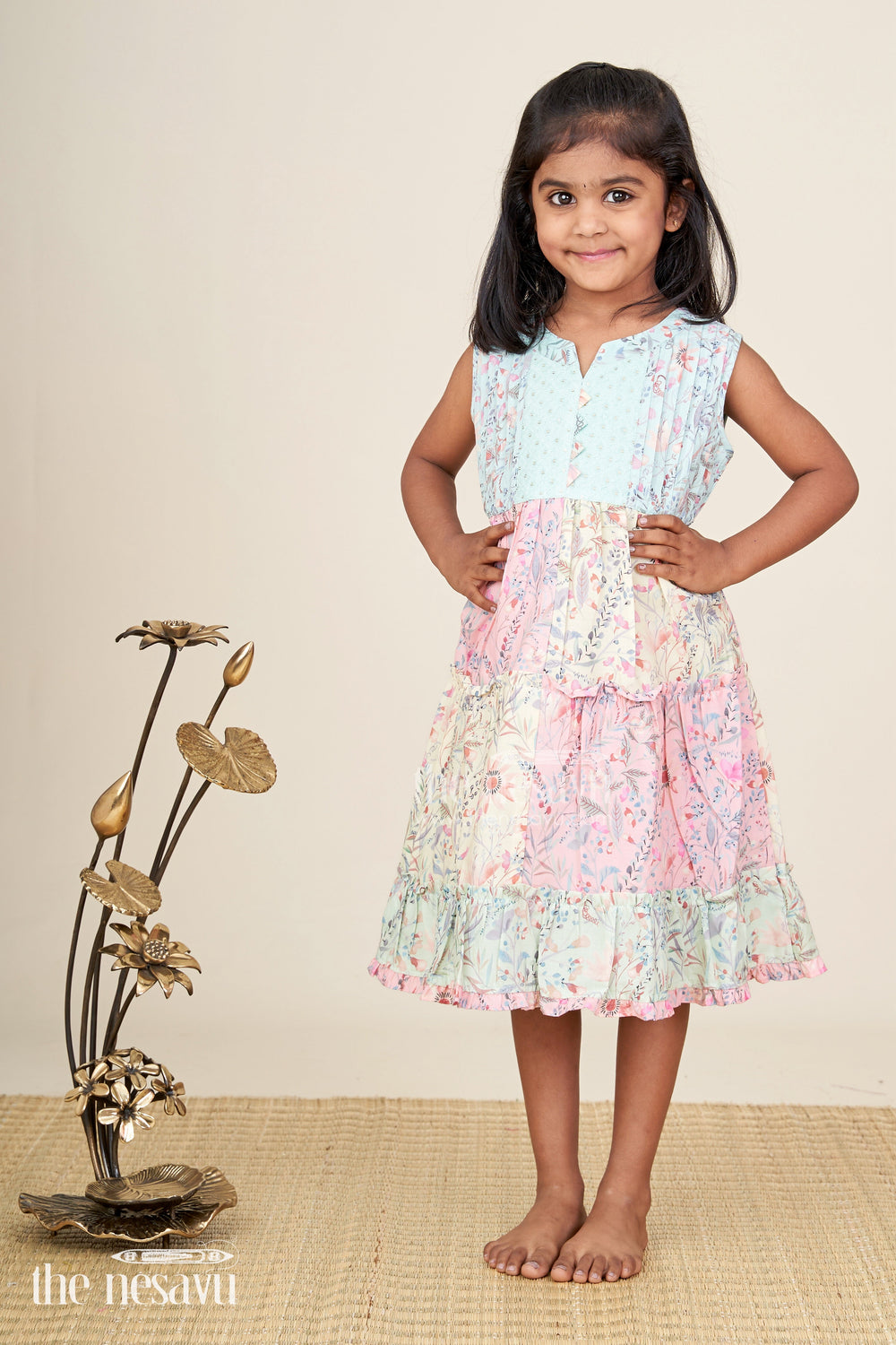 The Nesavu Girls Cotton Frock Printed Cotton Frock For Girls Everyday Playwear Nesavu Nesavu Girls Printed Frock Georgette Multicolor Floral Blocks Textured Bodice