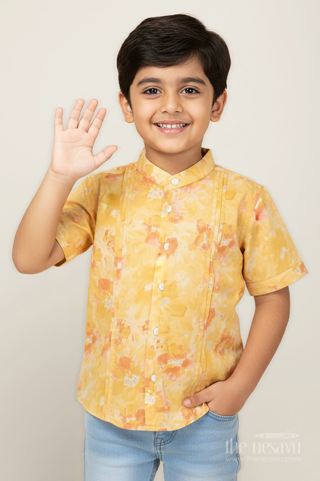 The Nesavu Boys Silk Shirt Printed Cotton Shirt for Kids in Yellow Moadal Silk with Artistic Digital Floral Pattern and Mandarin Collar Nesavu 16 (1Y) / Yellow BS262C-16 Nesavu Yellow Printed Cotton Shirt Kids Moadal Silk Floral Digital Pattern Stylish Collar