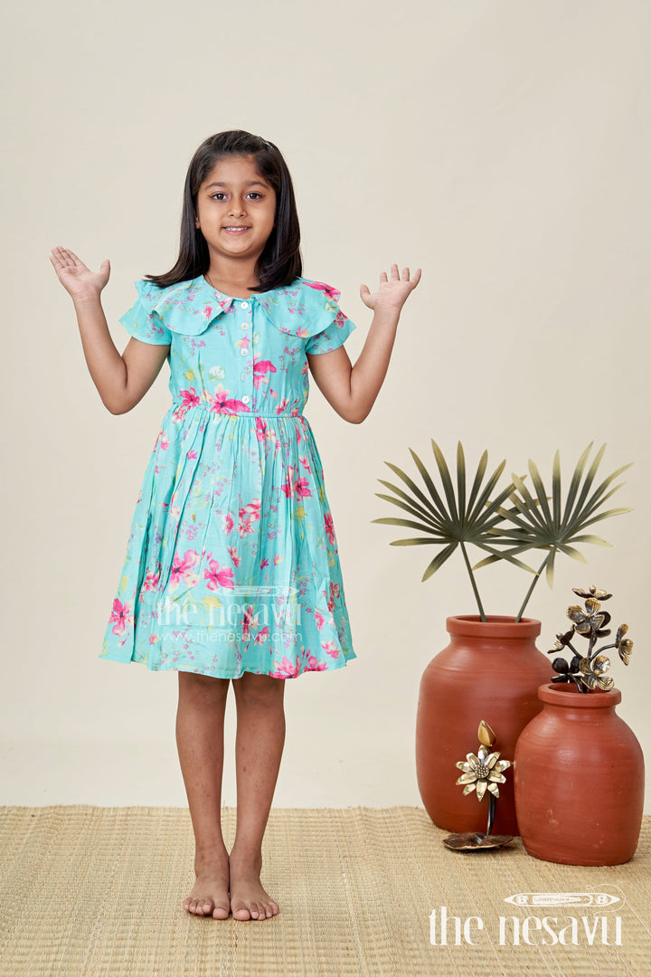 The Nesavu Girls Cotton Frock Printed Floral Frock for Toddler Girls Daily Wear Nesavu 20 (3Y) / Turquoise GFC1856A-20 Nesavu Toddler Girls Bright Green Sleeveless Cotton Floral Frock Playful Daily Comfort