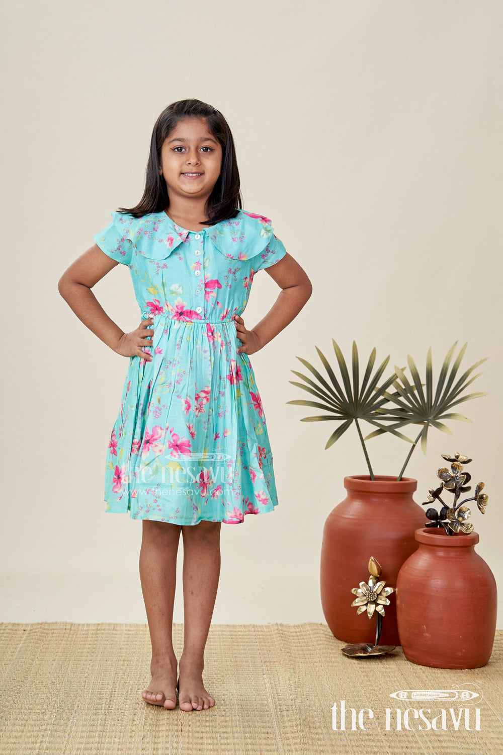 The Nesavu Girls Cotton Frock Printed Floral Frock for Toddler Girls Daily Wear Nesavu Nesavu Toddler Girls Bright Green Sleeveless Cotton Floral Frock Playful Daily Comfort