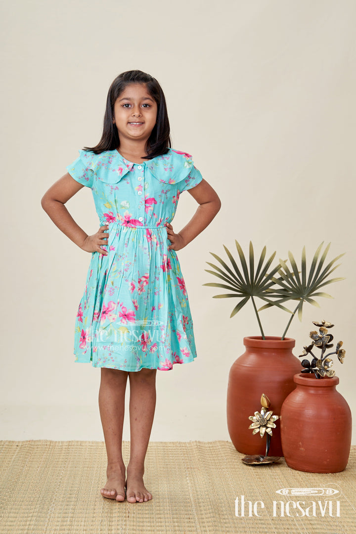 The Nesavu Girls Cotton Frock Printed Floral Frock for Toddler Girls Daily Wear Nesavu Nesavu Toddler Girls Bright Green Sleeveless Cotton Floral Frock Playful Daily Comfort