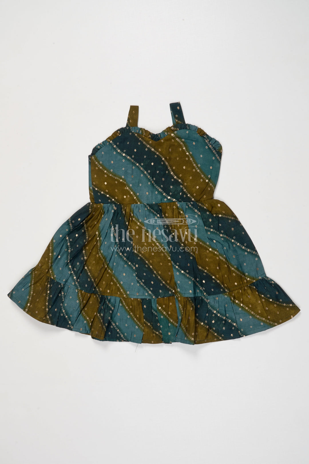 The Nesavu Girls Cotton Frock Printed Frock for Toddler Girls with Straps and Festive Flair Nesavu 18 (2Y) / Green GFC2023B-18 Nesavu printed viscose frock for toddler girls with flared silhouette and ethnic charm