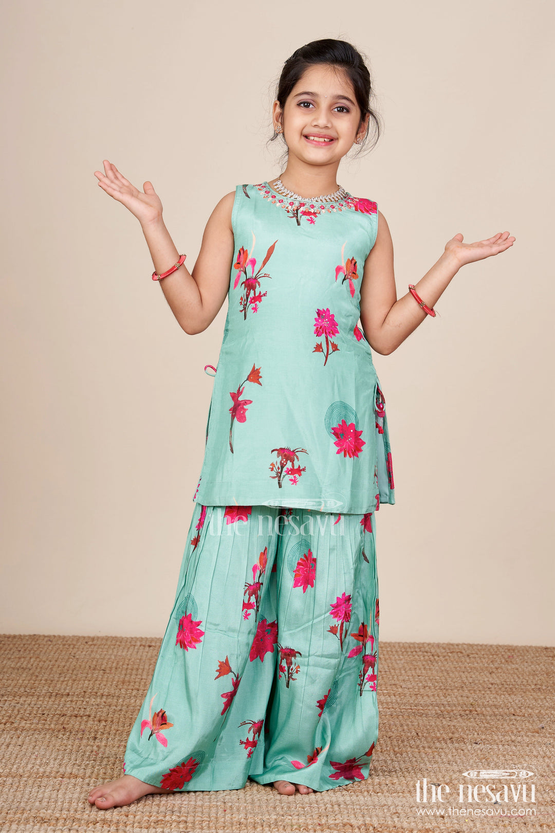 The Nesavu Girls Sharara / Plazo Set Printed Muslin Plazo Set for Girls Ideal for Casual Festive Wear Nesavu 18 (2Y) / Blue GPS773A-18 Nesavu girls floral printed muslin plazo set  ideal casual ethnic outings festive moments