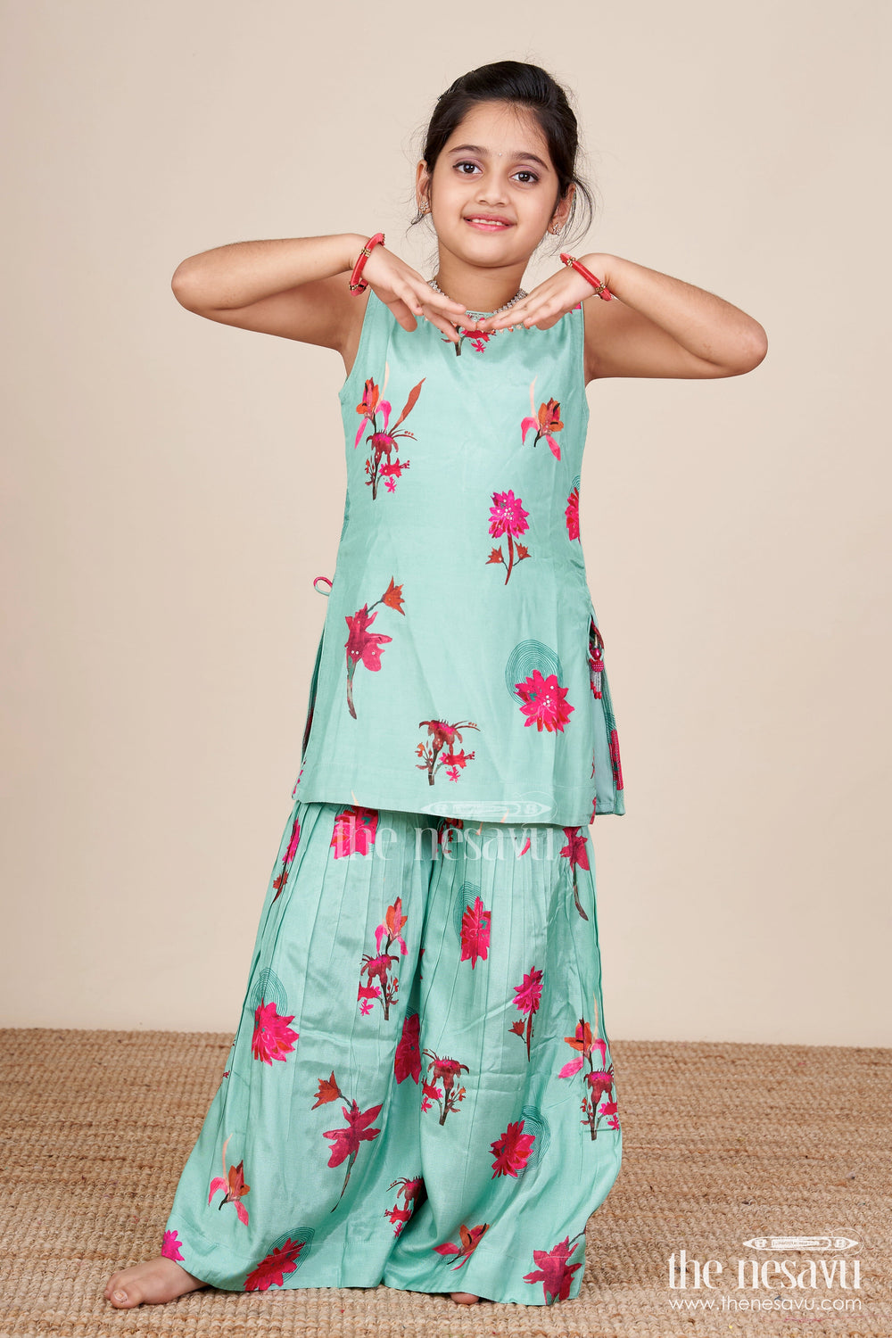 The Nesavu Girls Sharara / Plazo Set Printed Muslin Plazo Set for Girls Ideal for Casual Festive Wear Nesavu Nesavu girls floral printed muslin plazo set  ideal casual ethnic outings festive moments