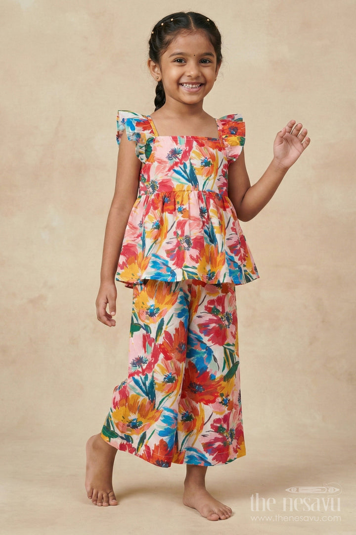 The Nesavu Girls Co-Ord Sets Printed Palazzo Set for Baby Girls Casual Occasions Nesavu Nesavu Baby Girl Multicolor Printed Cotton Co-Ord Set Palazzo Sleeveless Top Summer Outings