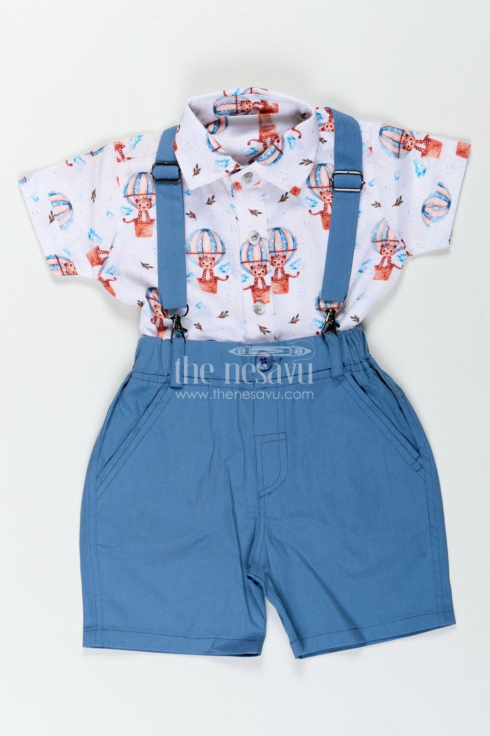 The Nesavu Boys Casual Set Printed Shirt and Shorts Set for Boys in Cotton with Digital Balloon Print and Coordinated Bow Tie Nesavu 14 (6M) / Blue BCS316A-14 Nesavu Boys Printed Shirt Shorts Set Digital Balloon Print Matching Blue Bow Tie