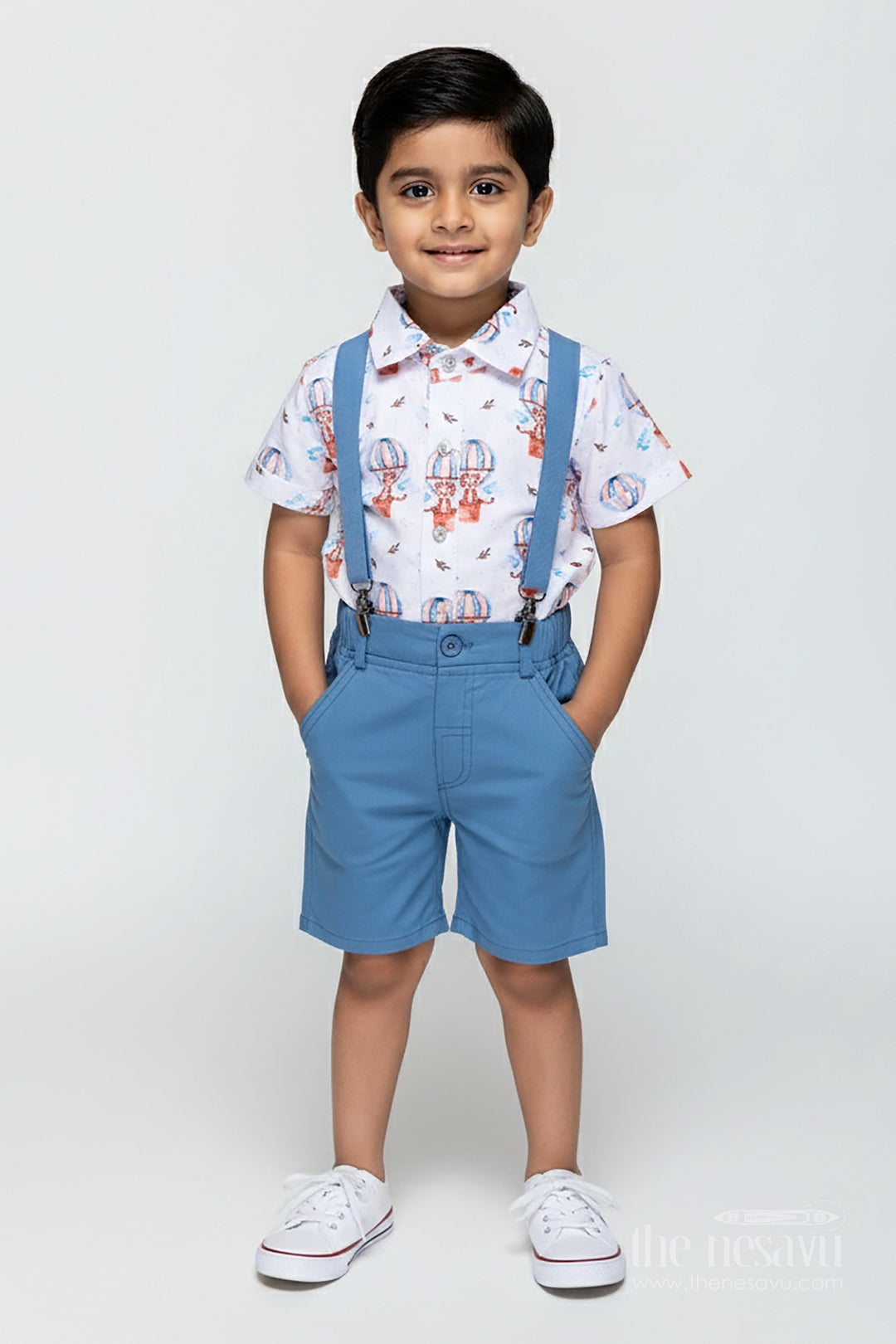 The Nesavu Boys Casual Set Printed Shirt and Shorts Set for Boys in Cotton with Digital Balloon Print and Coordinated Bow Tie Nesavu 14 (6M) / Blue BCS316A-14 Nesavu Boys Printed Shirt Shorts Set Digital Balloon Print Matching Blue Bow Tie