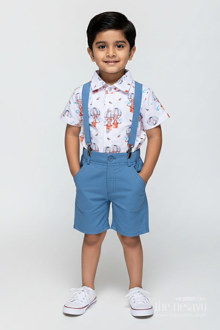 The Nesavu Boys Casual Set Printed Shirt and Shorts Set for Boys in Cotton with Digital Balloon Print and Coordinated Bow Tie Nesavu 14 (6M) / Blue BCS316A-14 Nesavu Boys Printed Shirt Shorts Set Digital Balloon Print Matching Blue Bow Tie