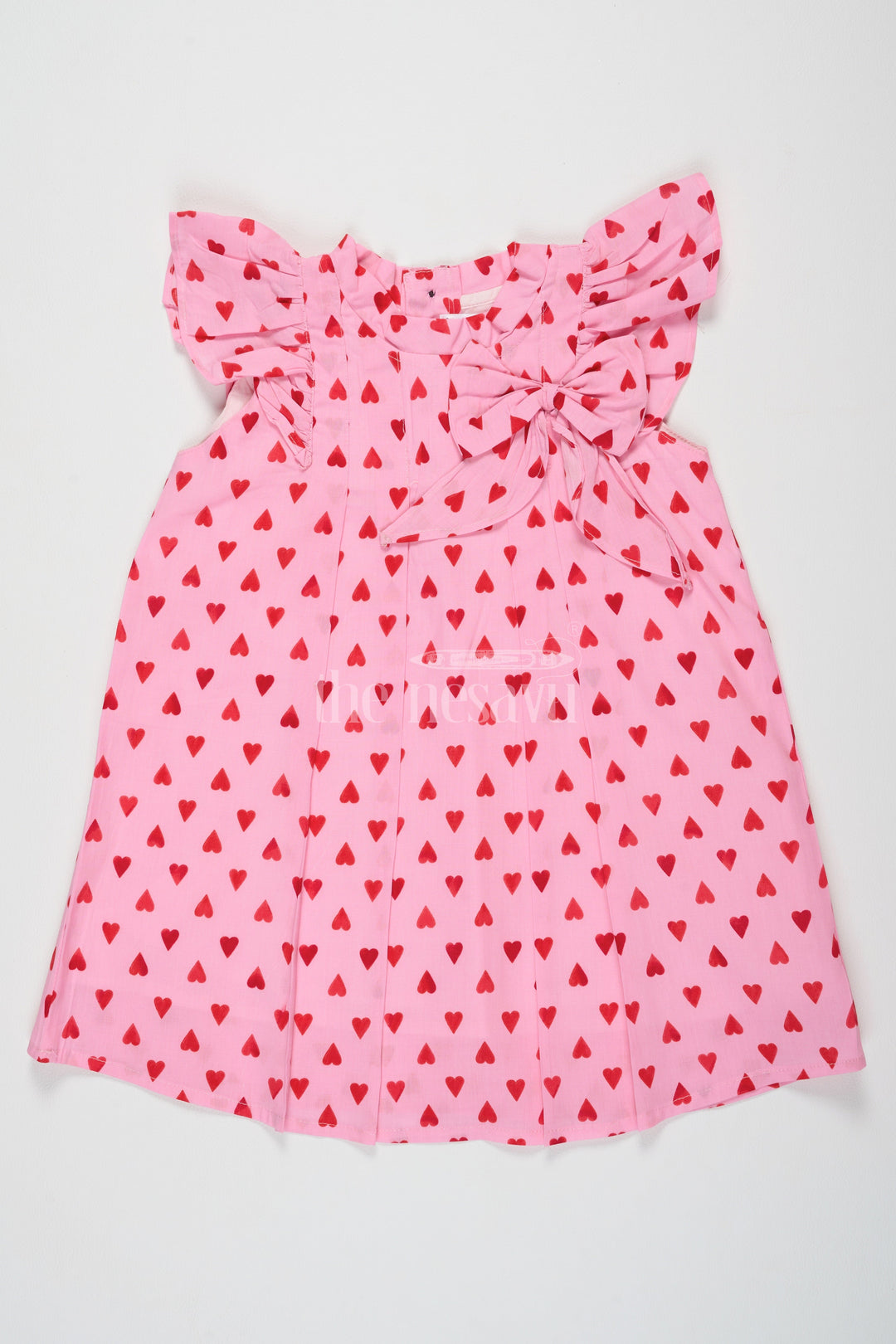 The Nesavu Baby Cotton Frocks Pure Cotton Baby Dresses Frocks for Girls in Pink with Flutter Sleeves and Heart Print Nesavu 14 (6M) / Pink BFJ668A-14 Nesavu Pure Cotton Baby Dresses Frocks Girls Pink Heart Print Flutter Sleeves