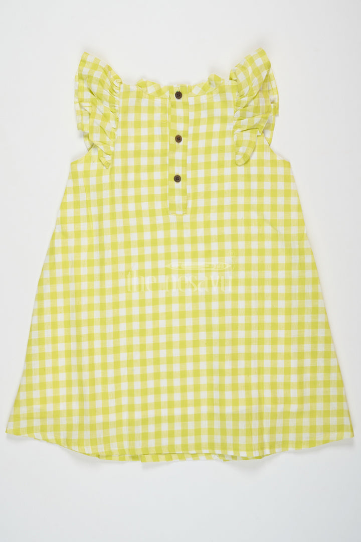 The Nesavu Baby Cotton Frocks Pure Cotton Casual Baby Frocks for Girls in Yellow with Gingham Checks and Flutter Sleeves Nesavu Nesavu Pure Cotton Casual Baby Frocks Girls Yellow Gingham Checks Flutter Sleeves