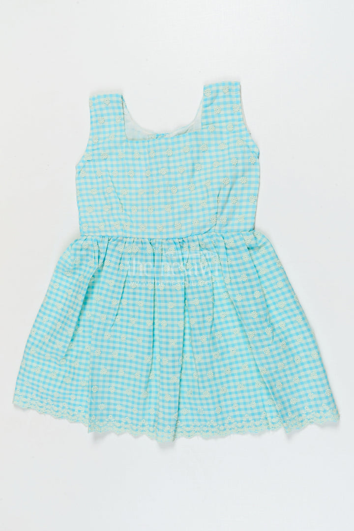 The Nesavu Girls Cotton Frock Pure Cotton Checked Frock for Girls with Delicate Chikankari Embroidery Nesavu 18 (2Y) / Blue / style 1 GFC2080AA-18 Nesavu pure cotton girls frock with gingham checks and chikankari-style floral embroidery