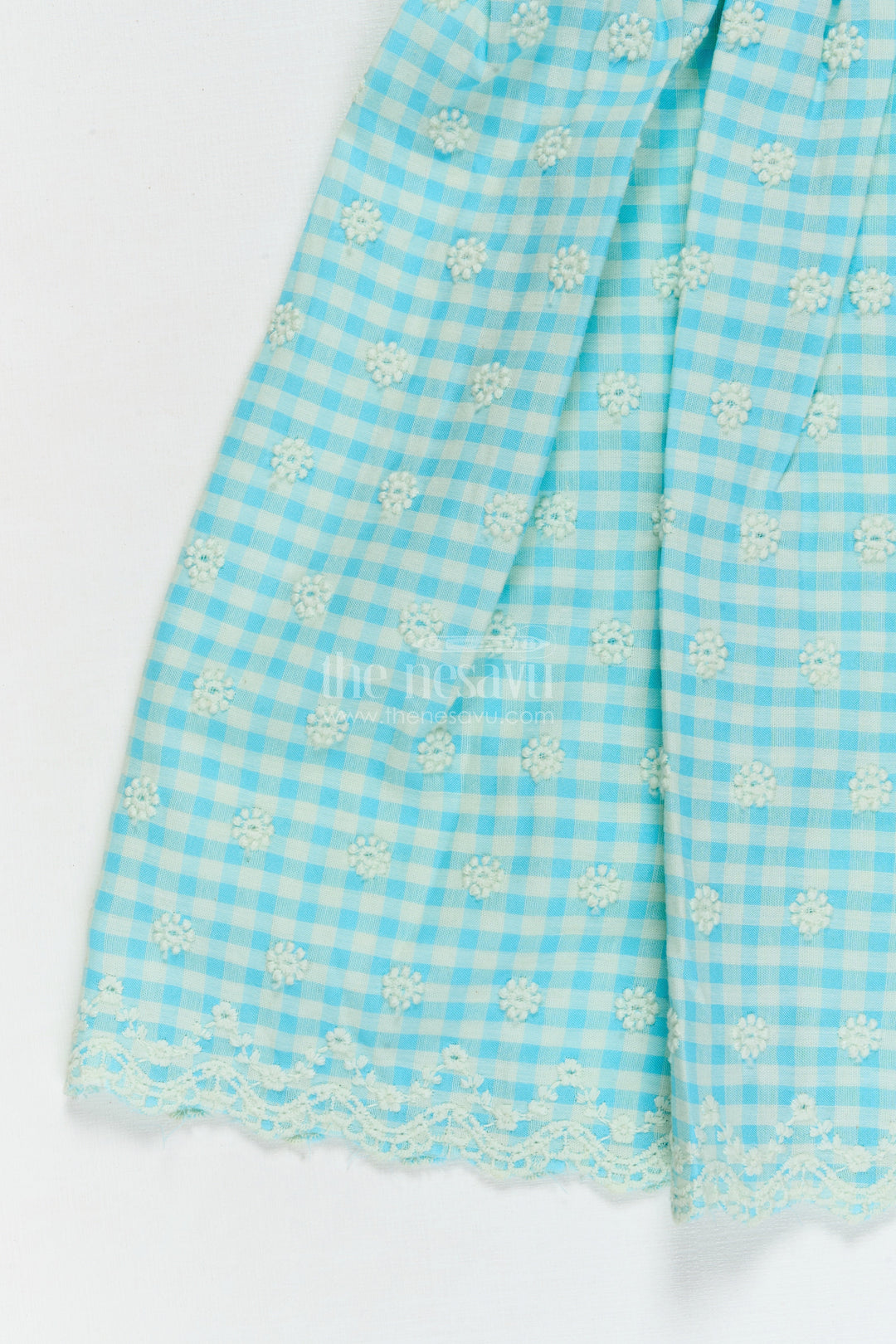 The Nesavu Girls Cotton Frock Pure Cotton Checked Frock for Girls with Delicate Chikankari Embroidery Nesavu Nesavu pure cotton girls frock with gingham checks and chikankari-style floral embroidery