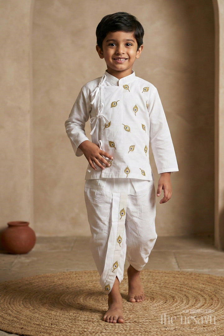 The Nesavu Boys Dothi Set Pure White Krishna Jayanthi Baby Kurtha with Dothi Pant Set Nesavu 12 (3M) / White BES557B-12 Pure White Krishna Jayanthi Baby Kurtha with Dothi Pant Set - Special Festive Wear | The Nesavu