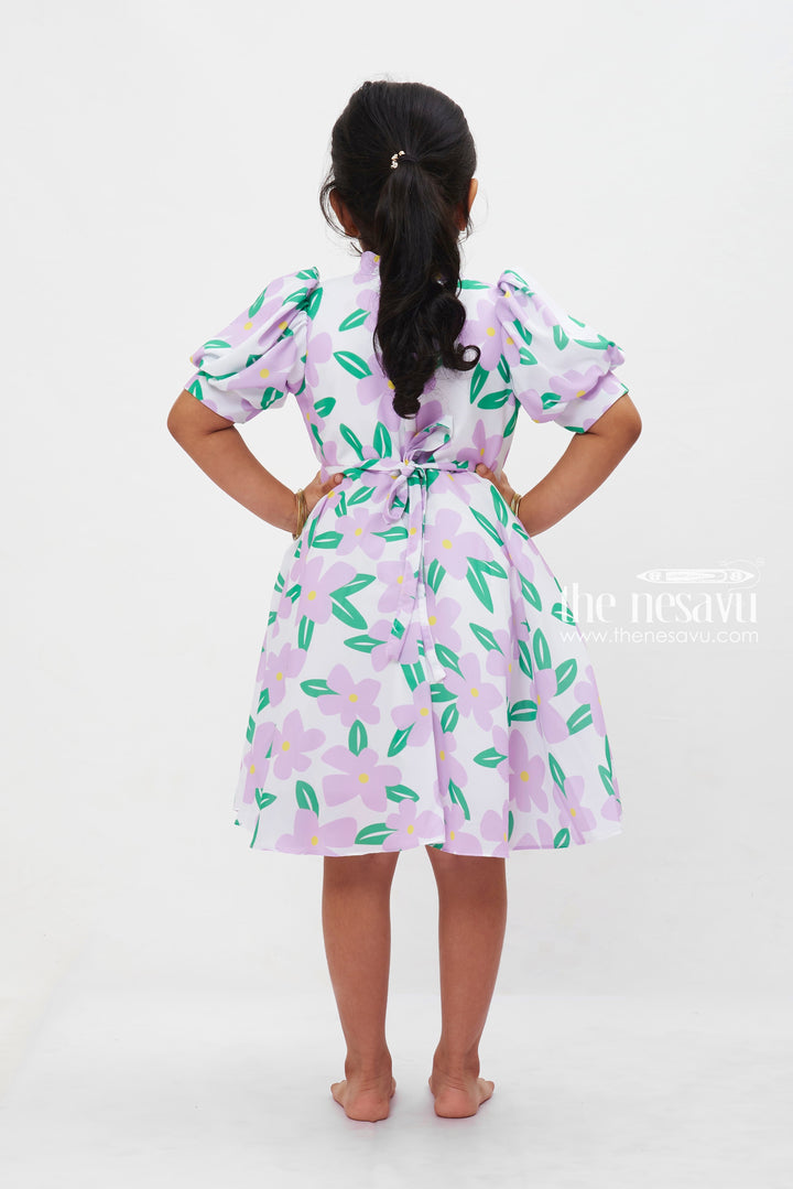 The Nesavu Girls Fancy Frock Purple Blossom Frock with Sparkling Brooch for Girls Nesavu Girls Lavender Floral Frock | Cheerful Spring Dress with Brooch | The Nesavu