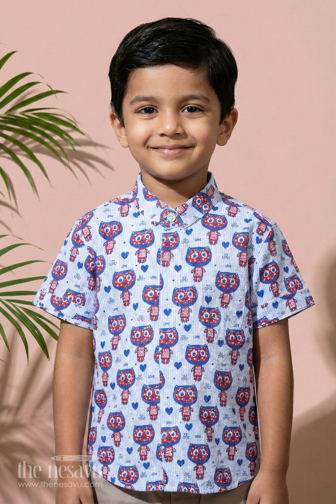 The Nesavu Boys Cotton Shirt Purple Boys Cotton Shirt with Owl Print Half Sleeves Fun and Comfortable Casual Wear Nesavu 16 (1Y) / Purple BS198A-16 Purple Owl Print Boys Cotton Shirt Nesavu Fun Half Sleeves Comfortable Casual Wear