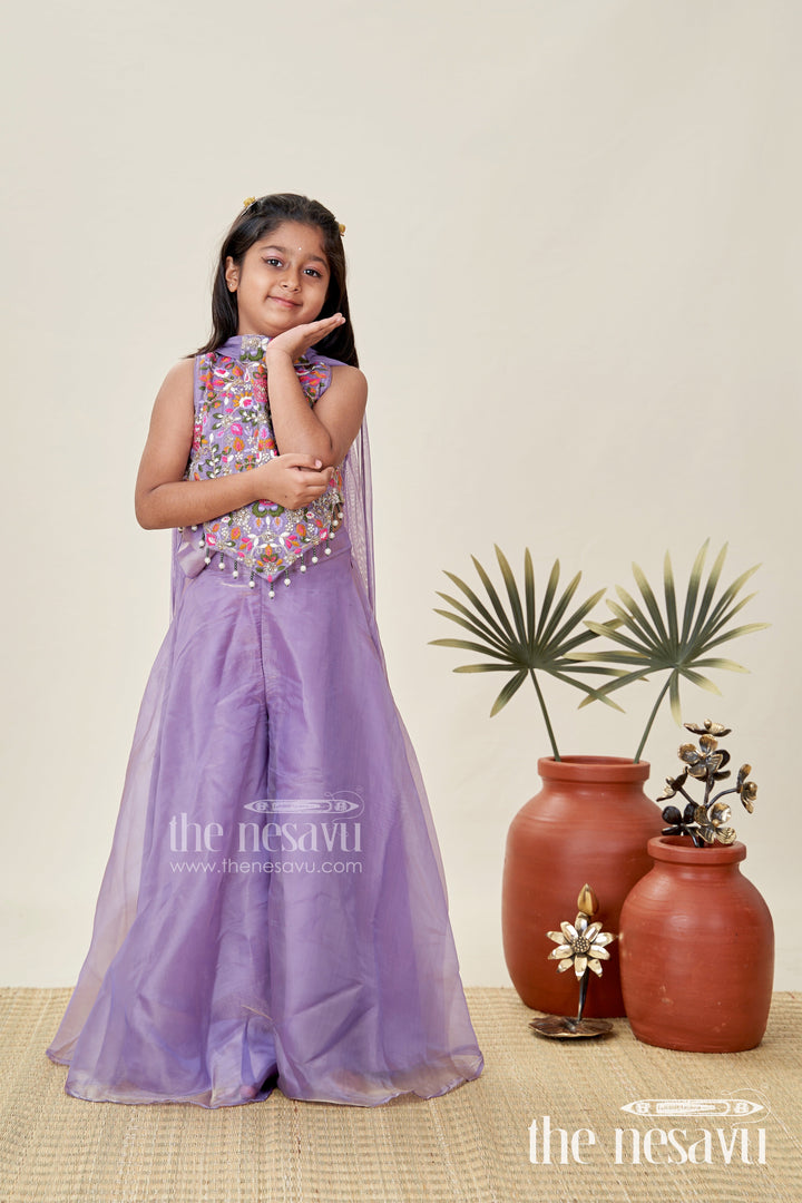 The Nesavu Girls Sharara / Plazo Set Purple Casual Dress Girls Sharara Set with Designer Embroidered Organza Top and Flowing Plazo Pants Nesavu 16 (1Y) / Purple GPS419D-16 Nesavu Purple Casual Dress Girls Embroidered Sharara Set Glazed Organza Plazo Pants Dupatta