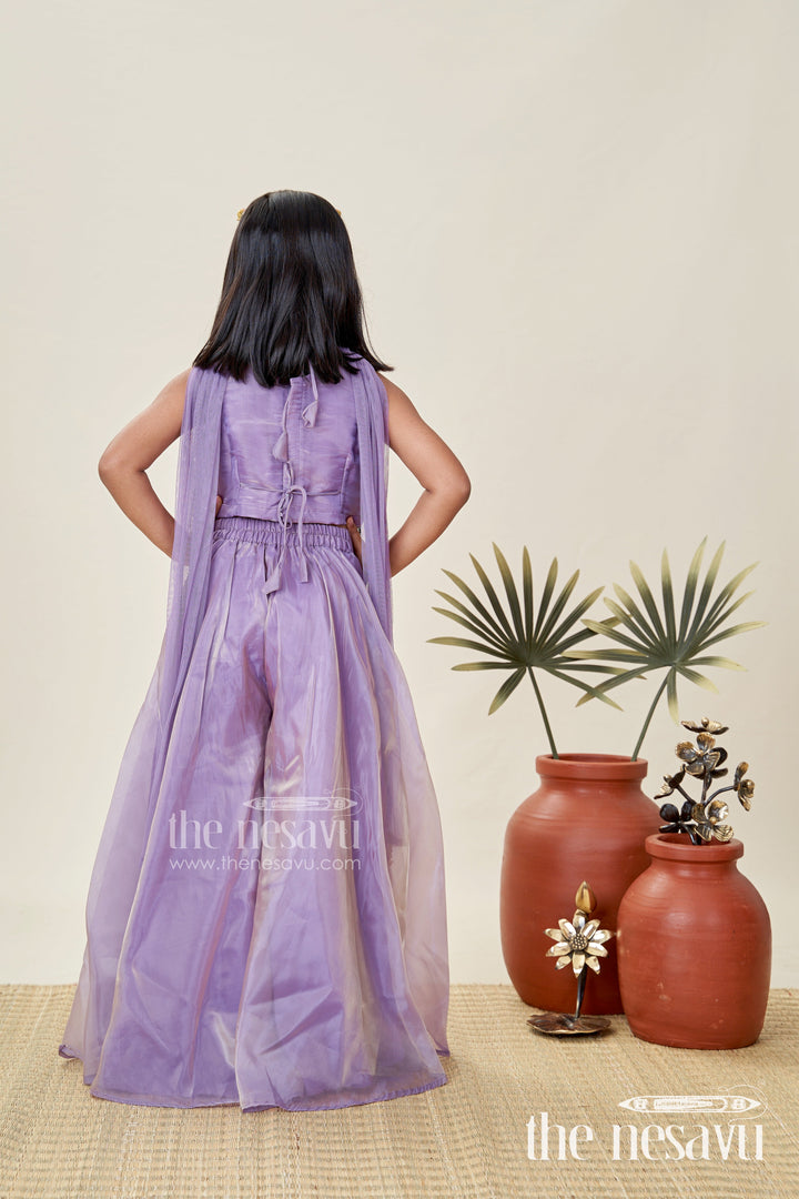 The Nesavu Girls Sharara / Plazo Set Purple Casual Dress Girls Sharara Set with Designer Embroidered Organza Top and Flowing Plazo Pants Nesavu Nesavu Purple Casual Dress Girls Embroidered Sharara Set Glazed Organza Plazo Pants Dupatta