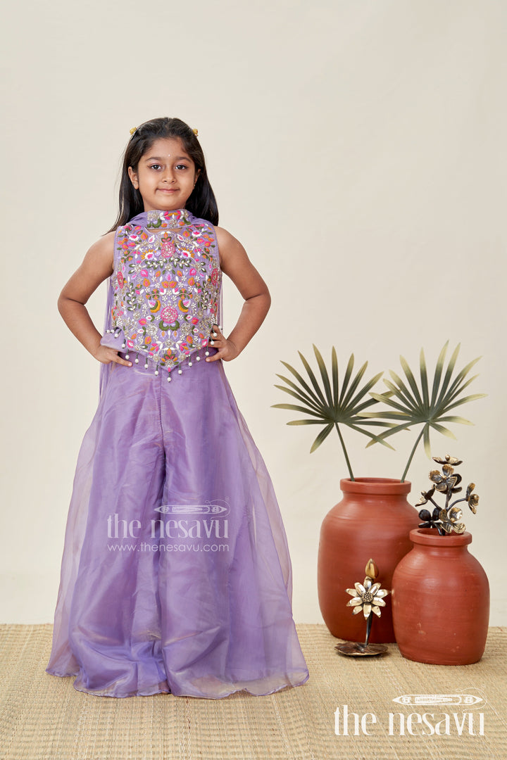 The Nesavu Girls Sharara / Plazo Set Purple Casual Dress Girls Sharara Set with Designer Embroidered Organza Top and Flowing Plazo Pants Nesavu Nesavu Purple Casual Dress Girls Embroidered Sharara Set Glazed Organza Plazo Pants Dupatta
