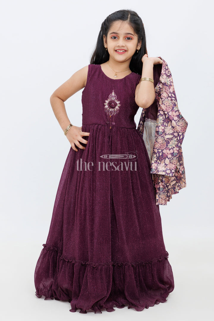 The Nesavu Girls Party Gown Purple Chinon Silk Printed Party Gown with Pleated Design and Floral Jacket for Girls Nesavu Purple Chinon Silk Printed Party Gown with Floral Jacket for Girls Nesavu