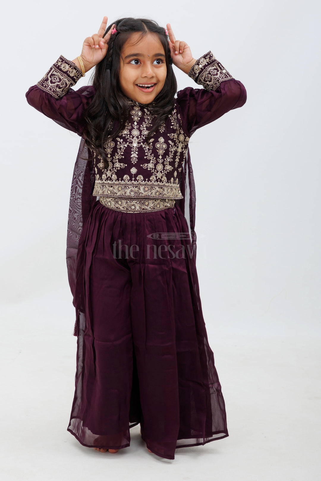 The Nesavu Girls Sharara / Plazo Set Purple Chinon Silk Sharara Set with 34 Sleeves Nesavu 18 (2Y) / Purple GPS379C-18 Purple Chinon Silk Sharara Set with 3/4 Sleeves - Nesavu