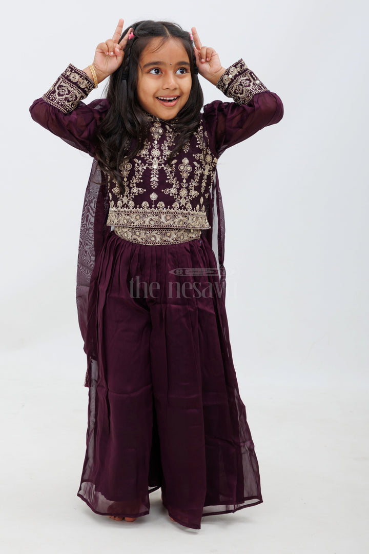 The Nesavu Girls Sharara / Plazo Set Purple Chinon Silk Sharara Set with 34 Sleeves Nesavu 18 (2Y) / Purple GPS379C-18 Purple Chinon Silk Sharara Set with 3/4 Sleeves - Nesavu